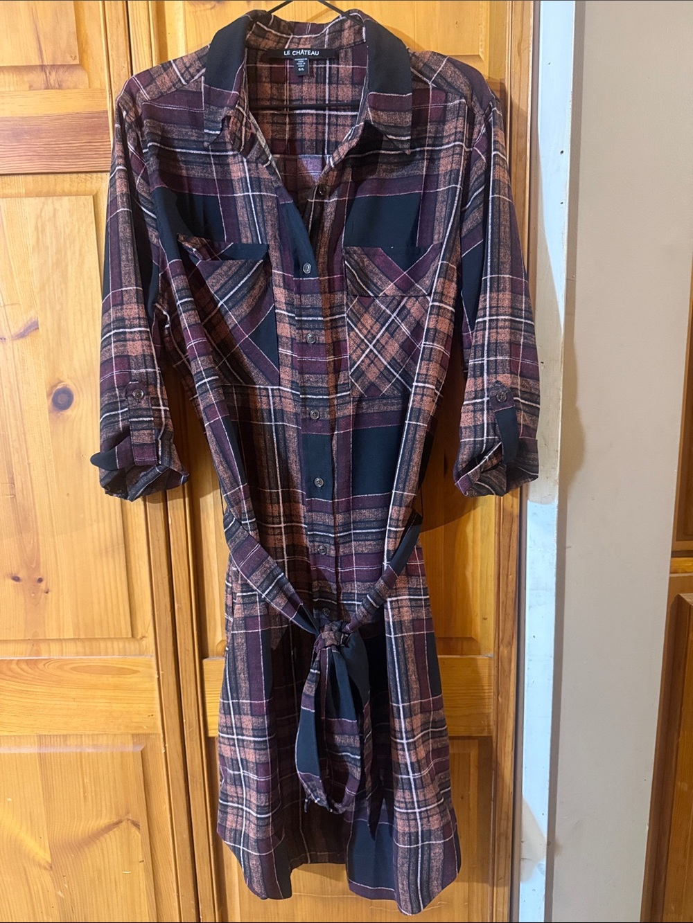 le chateau Burgundy and Black Plaid Tie-Waist Shirt Dress